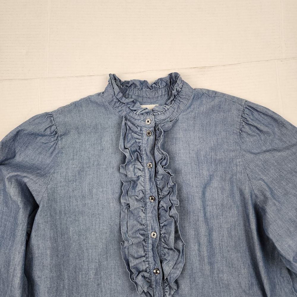 J.Crew Ruffle Dress Chambray Blue 100% Cotton Long Sleeve Size L - Picture 4 of 14